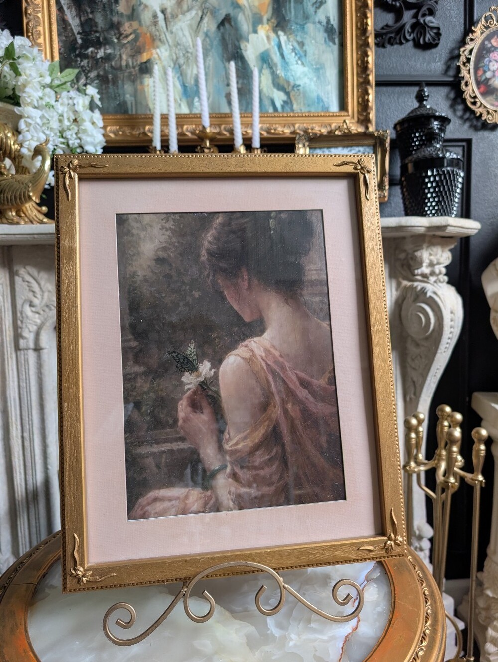 Vintage Gold French/English Country Bow Detail Wall Frame w/ vtg style print